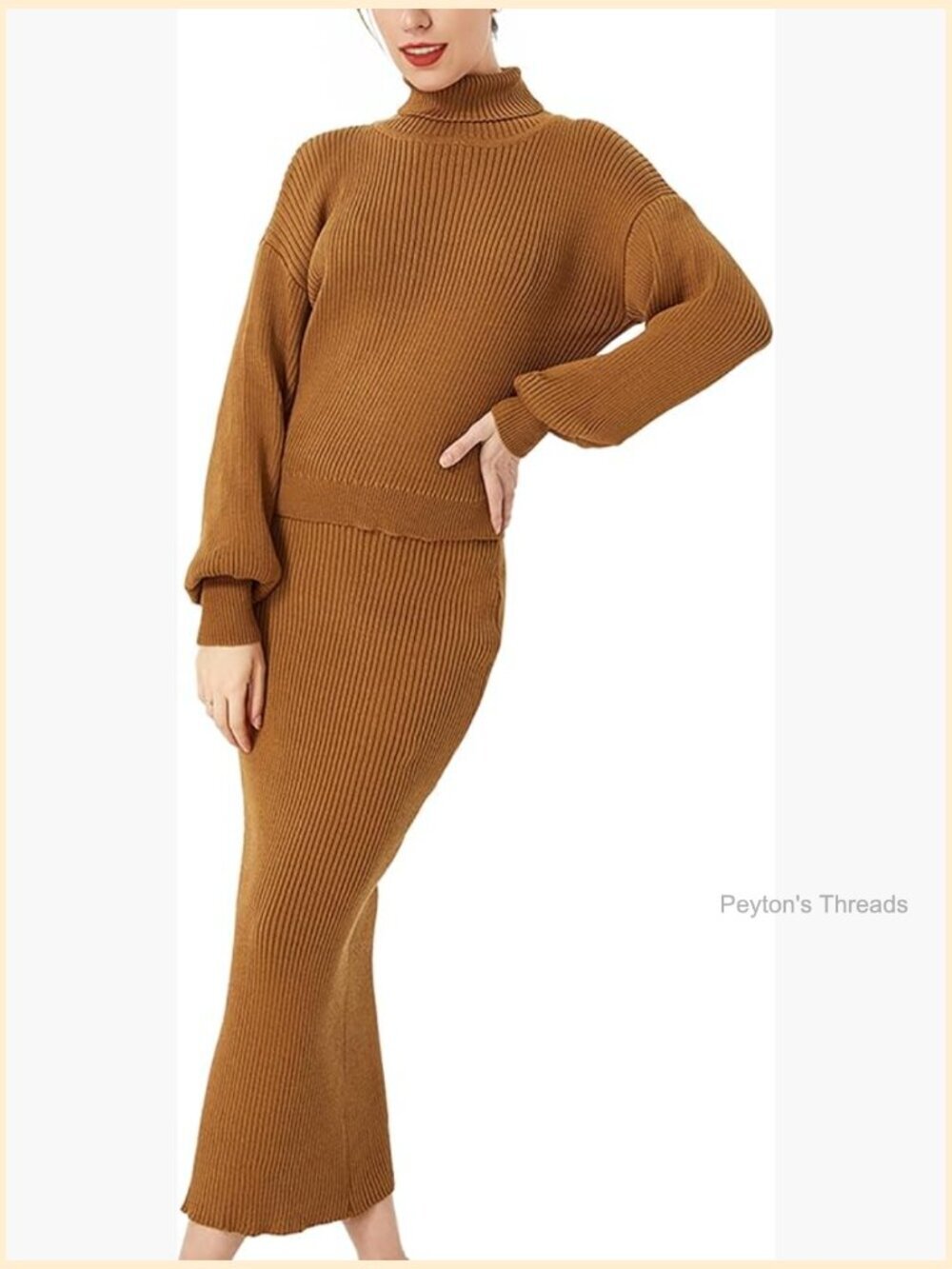 Rib Knit High Neck Pullover Sweater Maxi Bodycon Skirt 2 Piece Set